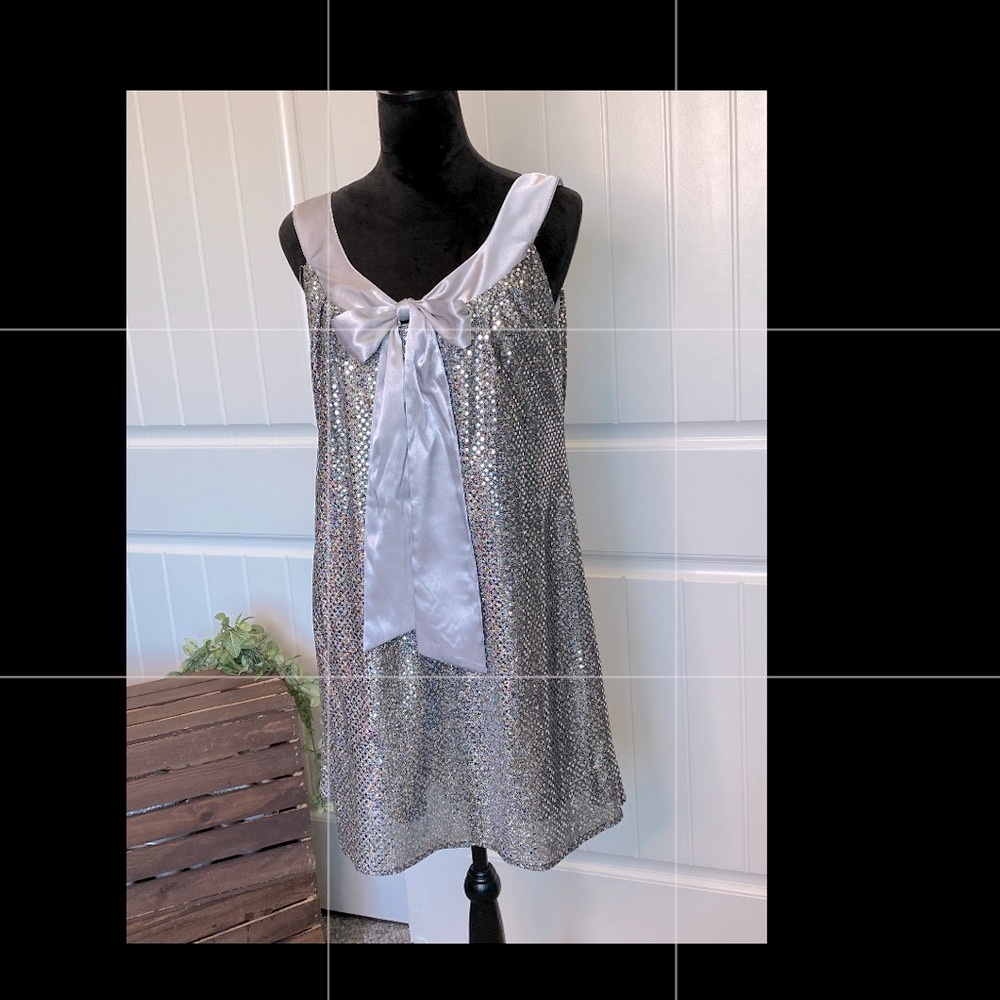 Elegant Silver Sequins & Satin A-line Midi Dress